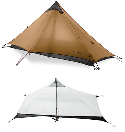 Telomat 3F Lanshan1 Ultraleichtes Zelt, 3/4 Saison, tragbares Rucksackzelt für 1 Person, 15D silikonbeschichtet, wasserdicht, stangenlos, doppellagiges Zelt für Camping, Klettern, Wandern (Khaki 4