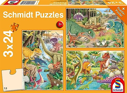 Schmidt Spiele 56465 Spaß mit den Dinosauriern, 3 mal 24 Teile Kinderpuzzle