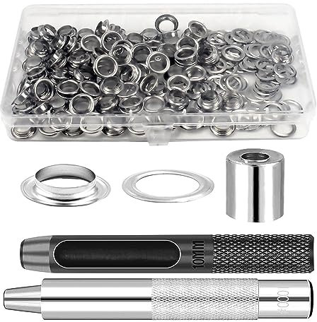 Ojales para Lonas LEAFS 120 Piezas Remachadora Ojales Acero Inoxidable 10 mm de Diámetro Interior con Herramienta Ojales para Toldos Lona Cuero Cortinas Bricolaje