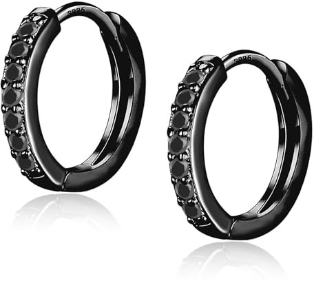 Sterling Hoop Earrings for Women, Black Small Huggie Hoop Earrings | Hypoallergenic Cubic Zirconia Hoops Earrings Jewellery Gifts for Girls Birthday Wedding