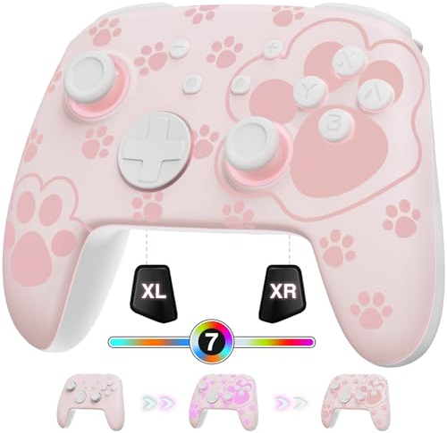 Mando Switch 2, Mando Pro Inalambrico Compatible con Switch 2/OLED/Lite, Firefly Pro Controller Bluetooth con Efecto Hall/7 LED Colores/Botones Traseros/Turbo/Control de Movimiento - Garra Gato Rosa
