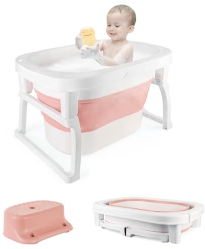 Baignoire pliable pour enfants, portable pliable avec support pour bébé, baignoire pour bébé de 0 à 6 ans, avec tapis antidérapant et trou d'évacuation