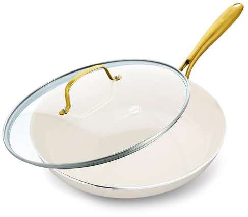 Greenpan Swift 12 Ceramic Nonstick Frying Pan Skillet with Lid, PFAS & PFOA-Free Healthy Cooking, Gold Stainless Steel Handle, Versatile Cooking Essentials, Dishwasher & Oven Safe, Cream