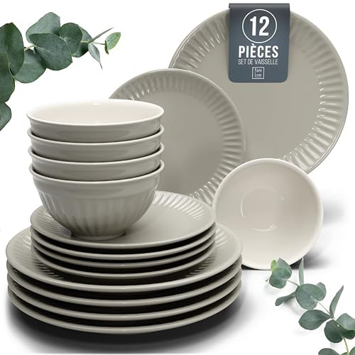 Service de vaisselle en grès pour 4 personnes HYGGE 12 pièces - Design scandinave élégant - Set de bols et assiettes - Service de table pour 4 en design strié - Pure Living marron clair