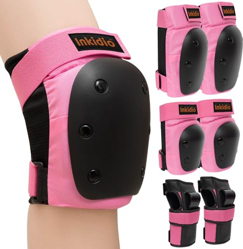 Inkidio Schutzausrüstungsset für Kinder Damen Herren mit Knieschützern Ellbogenschützern Handgelenkschützern ideal für Rollschuhlaufen Skateboarden Rollerfahren (M Pink)
