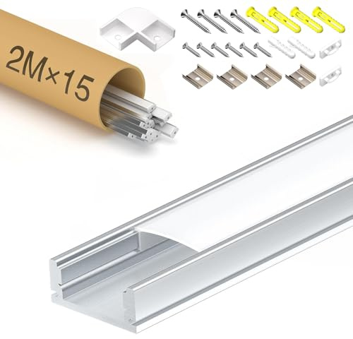 LED Profil 2m×15（30m）Aluminium U-Form mit Milchig Weißer Abdeckung Kanal Diffusor,Alu Profil LED leisten Schienen kanalleiste Aluprofil Streifen Profile lichtkanal led strip aluschiene unterputzprofil