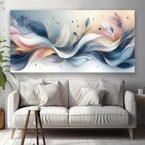 LZMASM Affiche et impressions modernes abstraites avec plumes bleues et roses, peinture sur toile, art mural moderne pour décoration de salon, 60 x 120 cm (sans cadre).