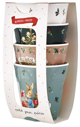 Petit Jour, Gobelets en Mélamine, Set de 4, 220ml, Multicolore, Facettes Décoratives, Pierre Lapin Noël, Pour Boissons Chaudes et Froides, Fêtes de Fin d'Année