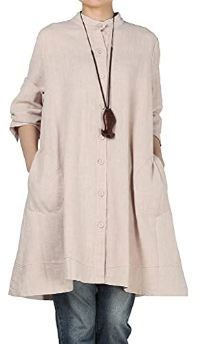 Vogstyle Damen Herbst Baumwolle Leinen Voller vorderer Knopf Blouse Kleid mit Taschen Style 1 XX-Large Beige