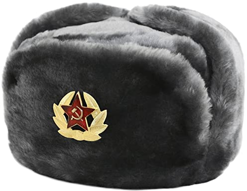 Cucuba® RUSSISCHE FELLMÜTZE SCHAPKA USCHANKA WINTERMÜTZE MILITÄRMÜTZE DER SOWIETISCHEN ARMEE - GESCHENKIDEE (57 SIZE M (EU))
