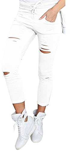 Xmiral Damen Hosen Baumwolle Skinny Zerrissene Hosen Höhe Taille Stretch Schlank Kordelzug Gebunden Bleistift Hosen (L,Weiß)