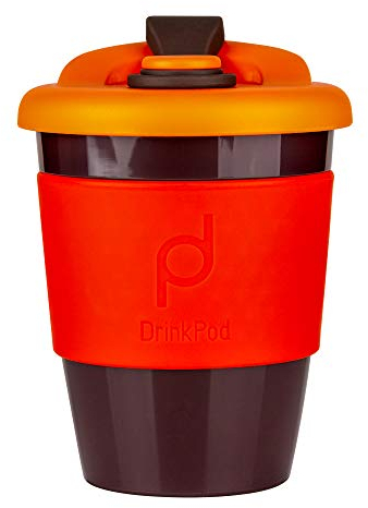DrinkPod 12oz/340 ml Reusable Coffee Cup / Travel Mug with Rotating Rubber Lip BPA Free PLA Plastic – Volcano / Red