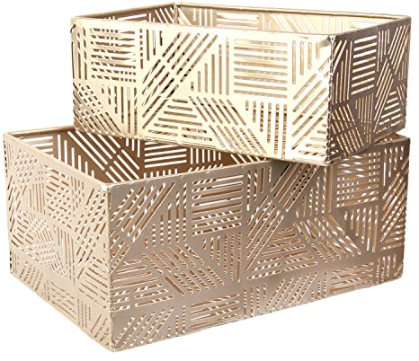 HOME DECO FACTORY RG6250 Metall-Korb, durchbrochenes Design, goldfarben, Streifen, zur Aufbewahrung, Dekoration, Übertopf, 2 Stück, Kunststoff-PP, 12 x 25 x 17 cm