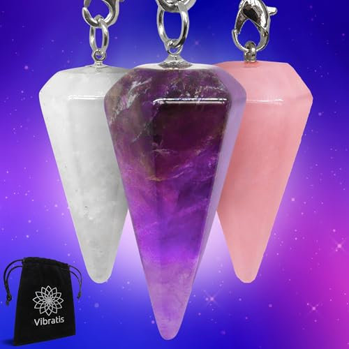VIBRATIS Set aus 3 Pendeln: Amethyst, Bergkristall & Rosenquarz – Esoterik Pendel für Energiearbeit & spirituelle Praxis
