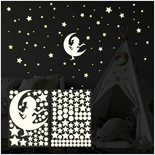 Leuchtmotiv 127 pcs Leuchtsterne Sterne Punkte Sternenhimmel Wandsticker Aufkleber Wandtattoo Kinderzimmer selbstklebend fluoreszierend nachtleuchtend Y058 (Sandmann)