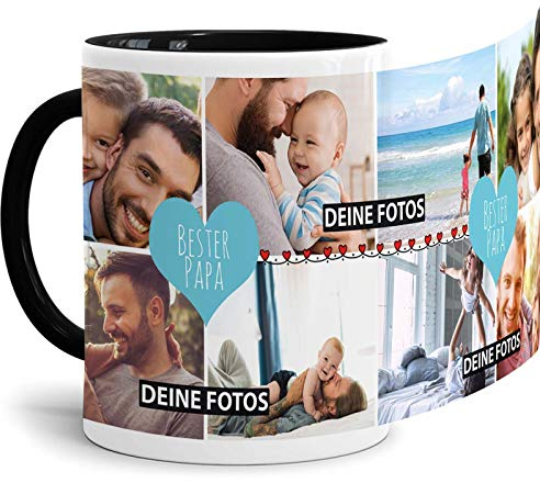 Tassendruck Fototasse mit Spruch - Bester Papa - zum Selbst gestalten mit Foto-Collage für 8 Fotos, Innen & Henkel Schwarz, 300 ml