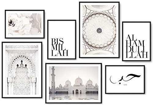 Hyggelig Home Poster Set - 7 islamische Bilder mit Moschee - arabisch Bismillah Alhamdulillah Islam - Set Islamic ohne Rahmen