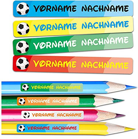 60 x Namensaufkleber Wunschname personalisiert je 4,5x0,6cm Aufkleber mit Kinder Name Beschriftung Schule Kindergarten Stifte Sticker (Nr. 36 Fußball, Für schmale Oberflächen)