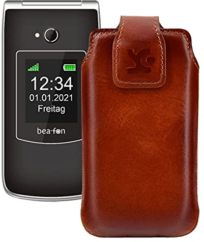 Suncase Original Tasche kompatibel mit Beafon SL645 Hülle Leder Etui Handytasche Ledertasche Schutzhülle Case in Burned Cognac
