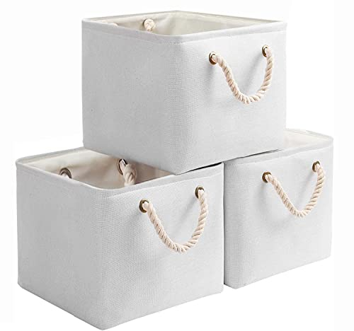Mangata Aufbewahrungsbox 33x33x33 cm, Aufbewahrungskorb mit Griff, Aufbewahrung Korb Stoff für Regal, Schrank, Kallax, und Kleidung (Faltbare, Weiß, 3er Set)
