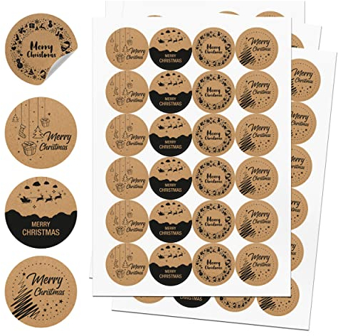 TOBJA® Aufkleber Weihnachten 96 Stück - Weihnachtsaufkleber für Geschenke in 4 Variationen | Sticker Set Merry Christmas | Echtes Papier Kraftpapier 4 cm Etiketten rund (Kraftpapier EN)