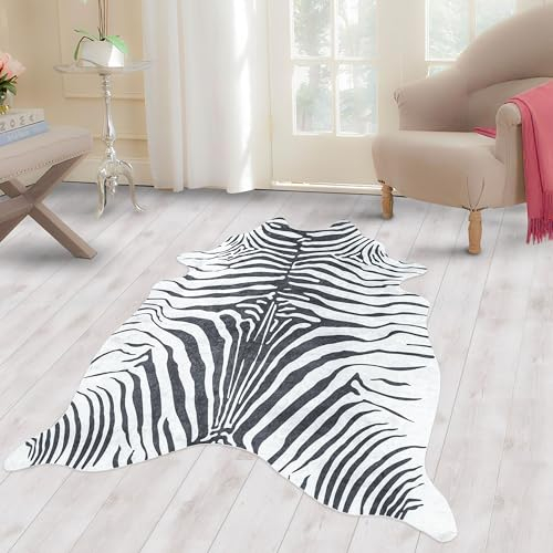Carpettex Teppich Fellteppich Kuhfell Tigerfell imitat Digitaldruck Waschbar rutschfest, Farbe: Schwarz, Größe: 100 x 135 cm