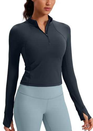 CRZ YOGA Butterluxe Half Zip Crop Top | Workout, Extremely Soft, Slim Fit, Thumbholes, Side Pocket, Long Sleeve Shirts for Women