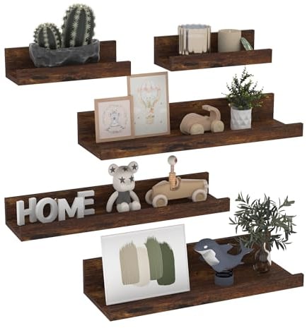 Giftgarden 40cm Lang Wandregal Holz, Braun Kleine Schweberegal Bilderleiste für Wohnzimmer, Küche, Kinderzimmer, Schlafzimmer oder Büro - 5 Stück mit Verschiedenen Größen