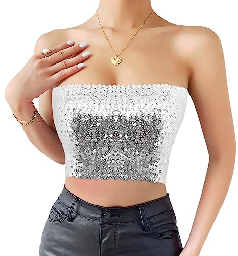 Naimo Damen Glitzer Pailletten Crop Top Schulterfreies Bandeau Tube Top Sparkle Trägerlos Tops Bluse Party Rave Oberteil