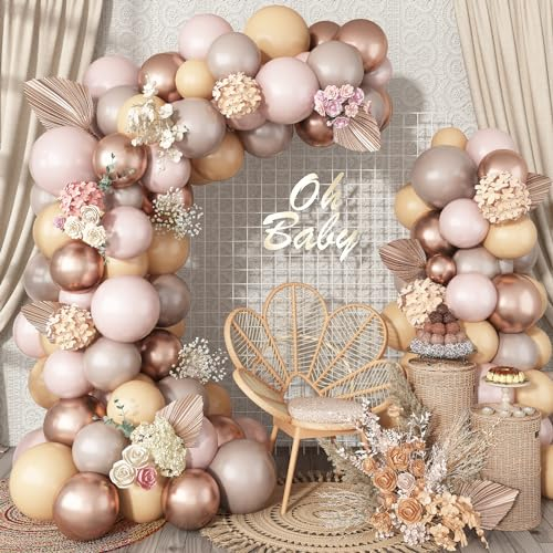 Beige Balloon Arch Kit, Nude Metallic Rose Gold Tan Latex Neutral Balloon Garland Kit, Apricot Cream Ivory White Sand Boho Balloons for Girls Women Birthday Baby Bridal Shower Wedding Party Decoration