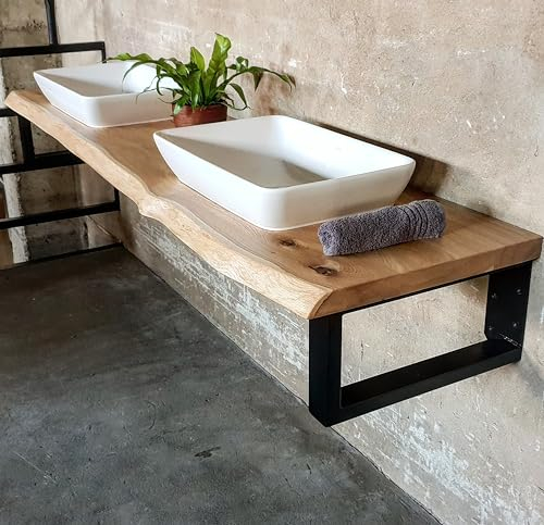 MyTimber® Waschtischplatte aus Eiche Massivholz | 4cm Starke Eichenbohlen | Ideal für Aufsatzwaschbecken | Baumkante oder gerade Kante (Baumkante - gespachtelt & geölt, 180x50cm)