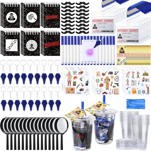Engrowtic 163 Pcs Spy Detective Party Favors Invisible Ink Pen UV Mini Keychain Flashlight Spiral Mini Notebooks Secret Agent ID Card Holder Magnifying Glasses Fake Mustache Cup Sticker Party Card