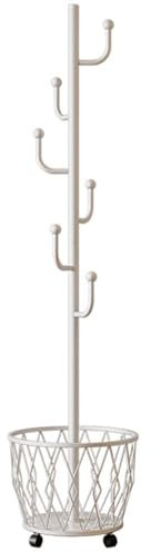 SHAIRMB Support De Cintre pour Portemanteau, Portant à VêTements sur Pied en MéTal avec Panier 6 Crochets pour Accrocher des VêTements, Un Chapeau, Un Sac pour EntréE, Couloir, Chambre,Blanc,Cactus