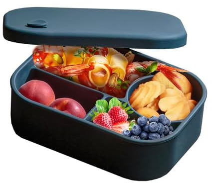 alouweekuky Fiambrera de Cuatro Compartimentos, Lunch Box de Silicona Apto Para Niños y Adultos, Loncheras de Trabajo, Lunchbox Sin BPA, Apto para Escuelas, Picnics y Parques(Azul)