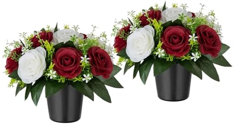 BLOSMON Cimetiere Fleurs Artificielles en Pot: 2 Pcs Bourgogne Rose Artificielle avec Vase pour Cimetière Tombe Deco - Fleur Artificiel pour Exterieur Tombale Funéraire Decoration