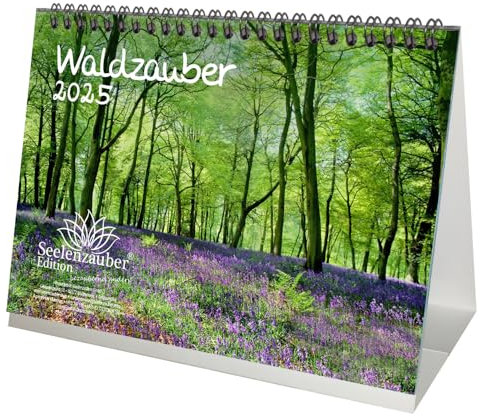 Waldzauber DIN A5 Tischkalender für 2025 Baum Bäume Wald Natur - Set-Inhalt: 1x Kalender 1x Weihnachtsanhänger 1x Grußanhänger (gesamt 3 Teile)