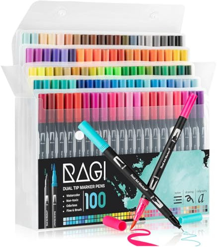 RAGI Pinselstifte Set 100 Aquarellstifte - Filzstifte für Erwachsene und Kinder - Aquarellmarker - Dual Brush Pen für Malbuch, Zeichnung, Kalligraphie, Comic