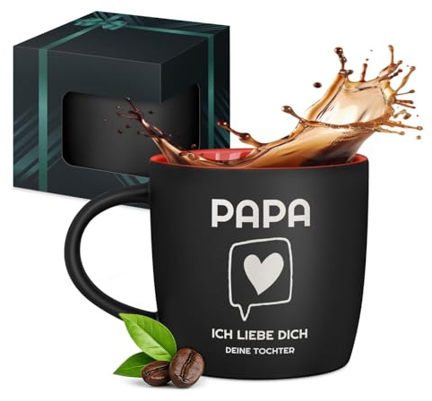 Maverton Keramik Kaffeetasse 400ml mit Gravur - personalisierter Kaffeebecher aus Matt Keramik mit Henkel - Trinkbecher für Männer zum Geburtstag zu Weihnachten - matt schwarz - Innen rot - Papa