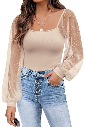 Timuspo Women's Long Sleeve Tops Puff T-Shirts Solid Ribbed Knit Blouses Casual Elegant Mesh Top Spring Summer Apricot S