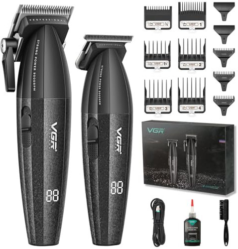 VGR 640 Professionelle Haarschneider für Männer, Kabellose Barber Clipper und Trimmer Set, Zero Gap T-Klinge Haarschneidekit, DLC-beschichtete Keramikklinge, Premium Barber Kit mit LED-Anzeige