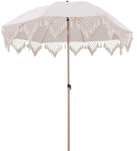 Ombrellone da giardino,180 diametro H217,con frange in macramé e palo centrale in acciaio marrone chiaro effetto legno