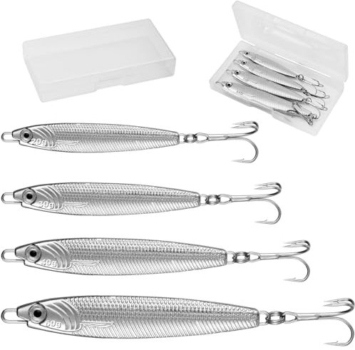 Annyswit 4 Stück Metall Meerforellen Köder mit Drillingshaken Silber Minnow Löffel Köder 20/30/40/60g Hecht Meerfischen Ausrüstung Metall Jigs für Makrele & Kabeljau & Barsch & Meer (20g*4)