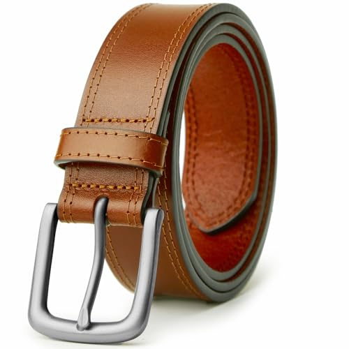 VATAN Men's Full Grain Leather Casual Every Day Jean Belt Handmade (35mm), B-brown (Double Stitch), 52(Fits Waist 50-51)