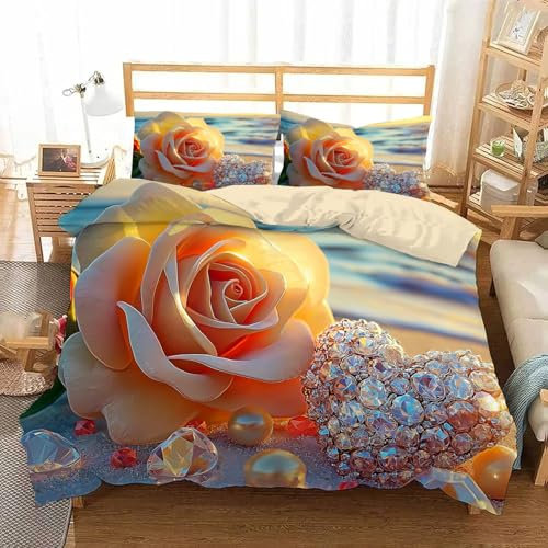 Set di biancheria da letto matrimoniale con stampa a cuore di diamante (200x200 cm), copripiumino reversibile con stampa a rose champagne e federe, copriletto traspiranti per letto matrimoniale