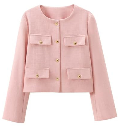 DSAoTeng Blazer court en tweed à boutons et à col rond avec poches pour femme, veste courte décontractée et élégante en tweed pour l'automne et l'hiver, rose, S