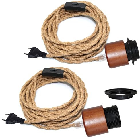2PCS Lustre Corde de Chanvre avec Prise, 500CM Câble, Douille Ampoule E27 avec Interrupteur, Corde Lampe Suspension avec Prise, Suspension Luminaire Corde, Lampe Suspendue pour Salon