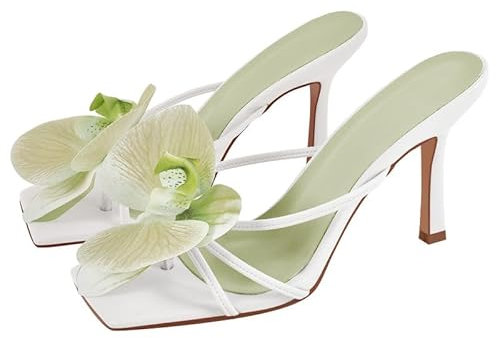 blingqueen Orchid Heels for Women Slip On Floral Heels with Flowers Stilettos Open Toe Heeled Mules Kitten Slide Sandals Square Toe Thong Sandals Light Green Strappy Orchid Pole Dance Shoes Size 5