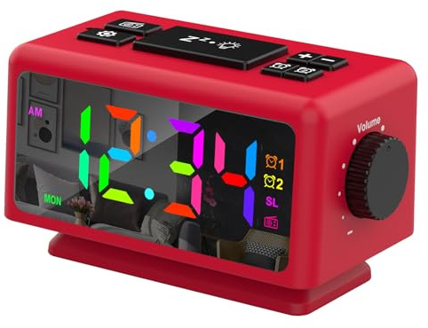 Mateju Radiowecker für das Schlafzimmer, Digitale FM Radiouhr mit Doppelalarm, Sleep Timer & Schlummerfunktion, Großes Display Dimmbares, USB Ladeanschluss, Netzbetrieben (Rot)