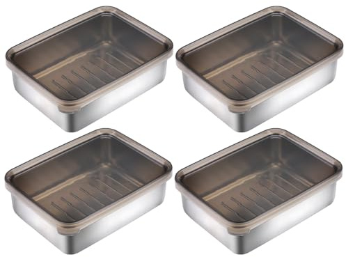 4 Pack Small Bacon Container for Refrigerator, 304 Stainless Steel Airtight Deli Meat Container for Fridge, Kitchen Stackable Bacon Keeper with Lid for Food Storage (11 OZ)