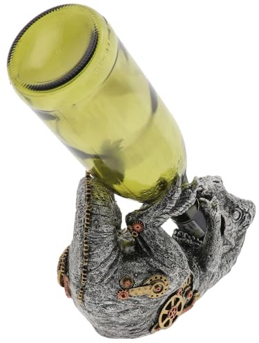 Gentleman Joe Steampunk T-Rex Wine Bottle Holder, Painted Resin, Industrial Mechanical Design, Silver and Bronze